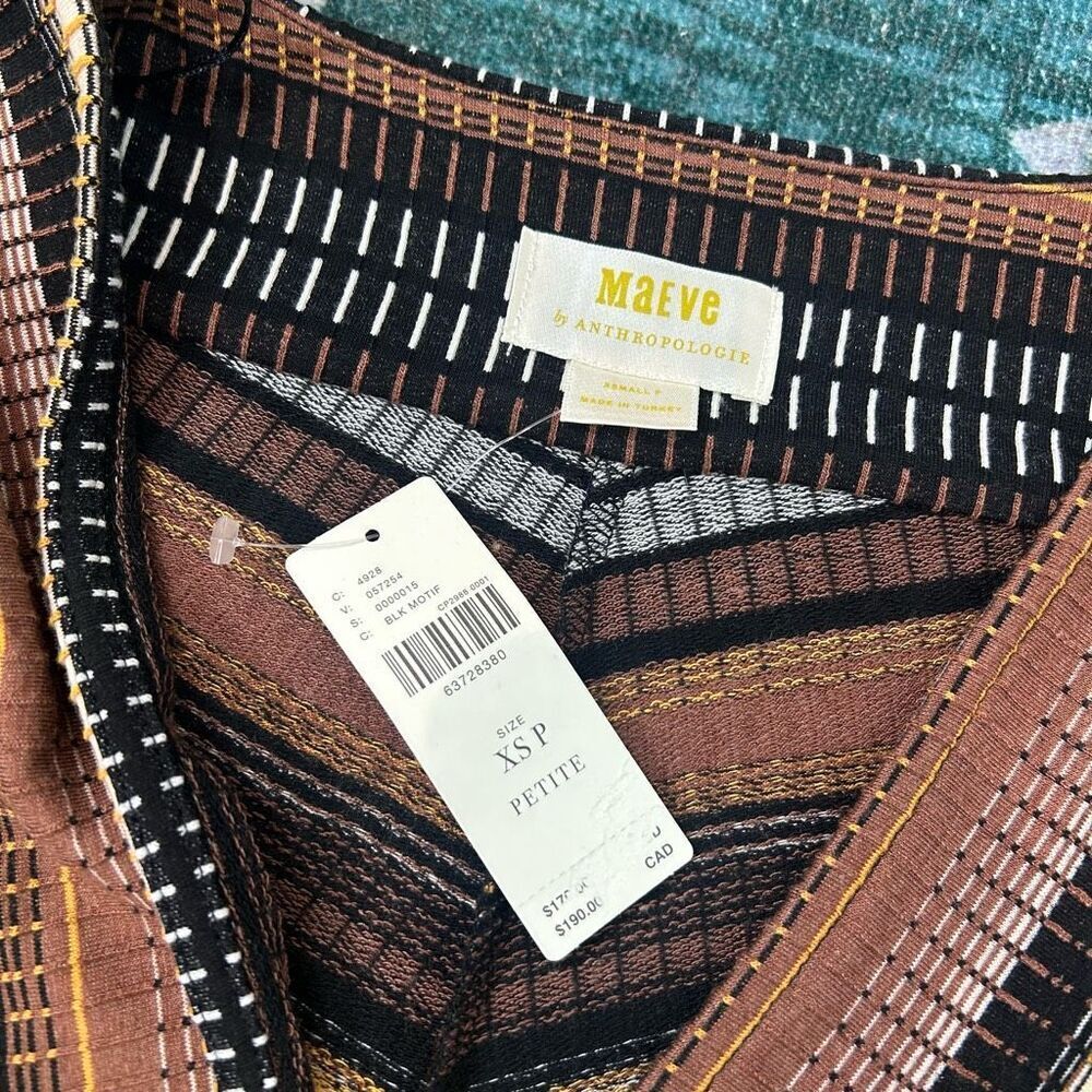 Anthropologie Maeve Midi Dress NWT Striped Wrap Knit Retro Brown XSP Zig Zag XS - Picture 3 of 15